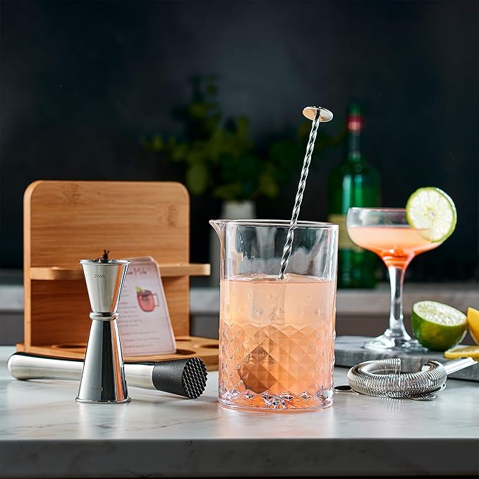 Crystal Cocktail Mixing Glass Set with Bamboo Stand - 22 Oz 650ml - Thick and Sturdy Bottom, Durable and Seamless Design with Bar Accessories Gift Set