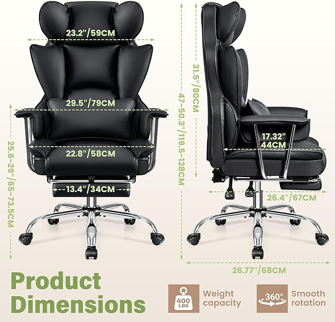 Desk Office Chair 400LBS, Executive Chair High Back Desk Chair with Footrest, Big and Tall Office Chairs with Lumbar Support, Black