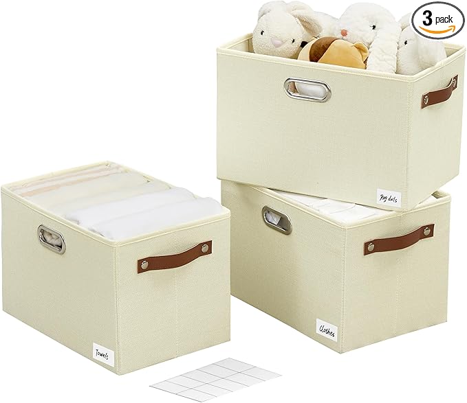 Large 3-Pack Foldable Fabric Storage Bins with Durable PU & Metal Handles, Collapsible Storage Baskets for Shelves, Home Storage, Closet Organizers, Living Room(14.9"x9.8"x9.8", Beige)