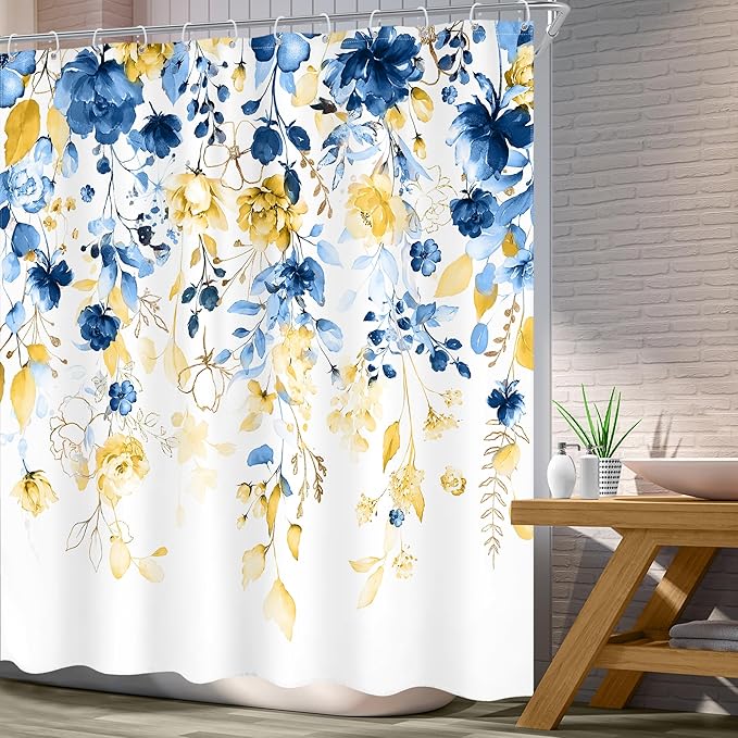 Blue and Yellow Floral Shower Curtain 72Wx72L Inch Watercolor Flower Eucalyptus Leaf Plant Gold Pastel Botanical Wildflower Bathroom Set Pretty Girls Bath Curtain Bathtub Accessories Home Decor
