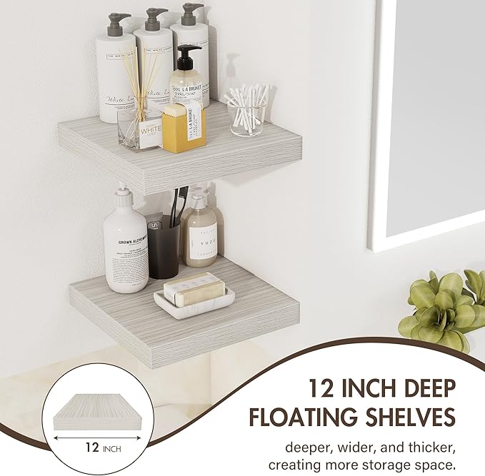 12 Inch Floating Shelves, 12" Deep Floating Shelf Wall Mounted, 12" Wall Shelves, Rustic Deep Bookshelf, Extra Deeper Display Shelves & Storage Shelves for Bedroom, Living Room, Set of 3