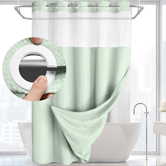 YellyHommy No Hook Shower Curtain with Snap in Liner Set Less Time Waffle Shower Curtain for Bathroom 75" L x 72" W Mint Green