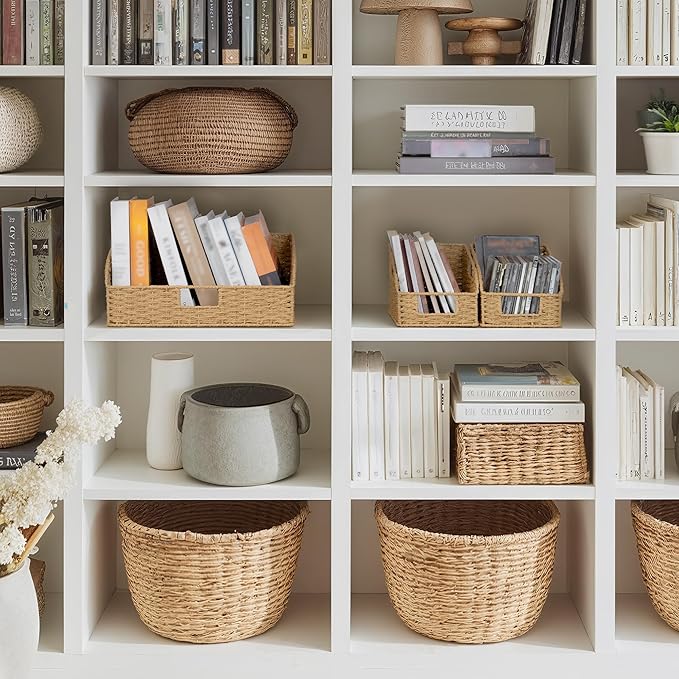 StorageWorks Paper Rope Pantry Storage Baskets, Wicker Baskets with Built-in Handles, Handwoven Shelf Baskets for Organizing, Pantry Organizers and Storage, Natural, 3 Pack