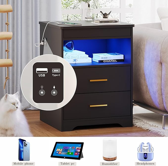 Nightstand Set of 2, Charging Bedside Table with USB & Type-C Port, LED Nightstand with Human Sensor Light, Modern End Table with Gun Drawers for Bedroom Office, Black