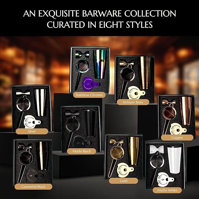 5 Piece Cocktail Kit by Bull In China - Premium Bartender Gift Set Includes Weighted 2 Piece Boston Shaker, Hammered Bell Jigger, Hawthorne Strainer & Fine Mesh Strainer (Stainless Steel)