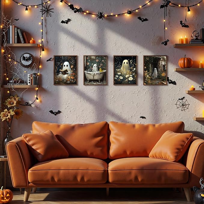 DOFQZ Ghost Halloween Bathroom Wall Art Prints Set of 4, Halloween Bathroom Decor, Dark Academia Cottagecore Floral Spooky Ghost Posters for Bath Room Washroom Decor, 8x10 Unframed