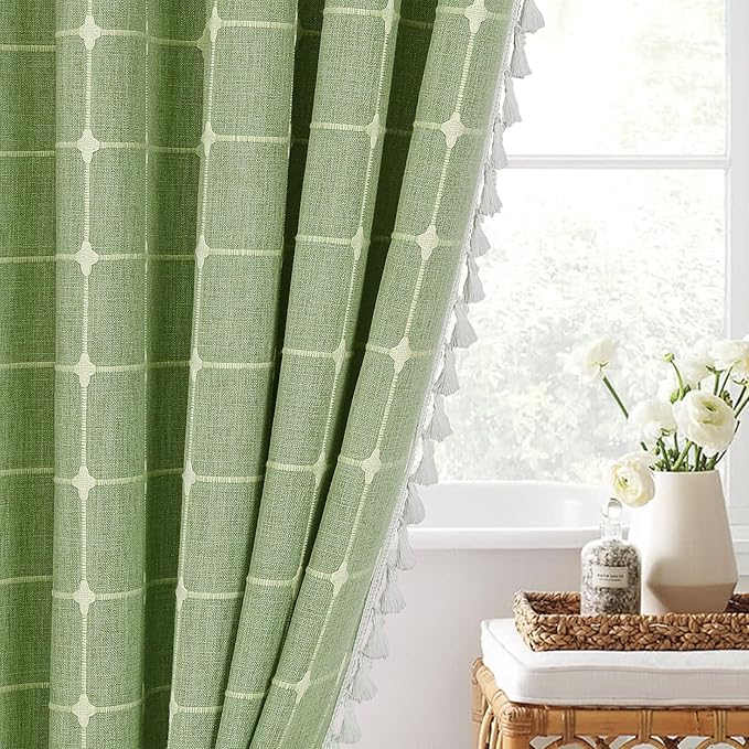 MitoVilla Sage Green Boho Farmhouse Shower Curtains for Modern Country Bathroom Decor, Thick Polyester Linen Fabric Shower Curtain, Rustic Neutral Weave Cloth Shower Curtain, 72 x 72