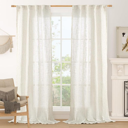 LAMIT Cream Linen Boho Curtains 84 inch Length 2 Panels, Light Filtering Semi Sheer Panels Back Tab and Rod Pocket Neutral Drapes for Bedroom/Living Room, 34 x 84 Inch