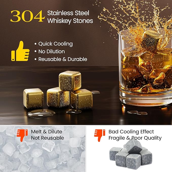 Kollea Whiskey Stones, 8-Pack Golden Stainless Steel Whiskey Chilling Rocks, Reusable Ice Cube for Drinking, Rum Cocktail Drink Accessories, Bartender Kit, House Warming Gifts New Home, Drinking Bar