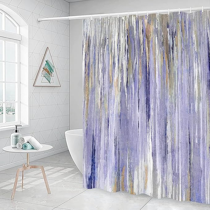 JAWO Abstract Shower Curtain, Modern Aesthetic Stripe Shower Curtain Sets with 12 Hooks for Bathtub Bathroom Gray Purple Contemporary Abstract Painting Fabric，36x72