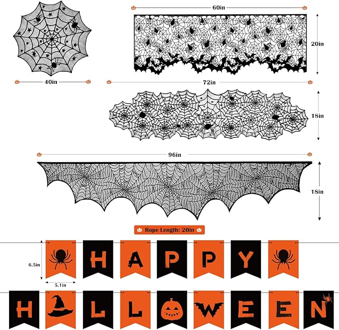 Colovis Decorations Indoor Set, 38PCS Table Decorations for Indoor, Mantel Scarf, Table Runner, Table Cover, Banner, 3D Bats, Lampshade & Creepy Cloth for Party Decor