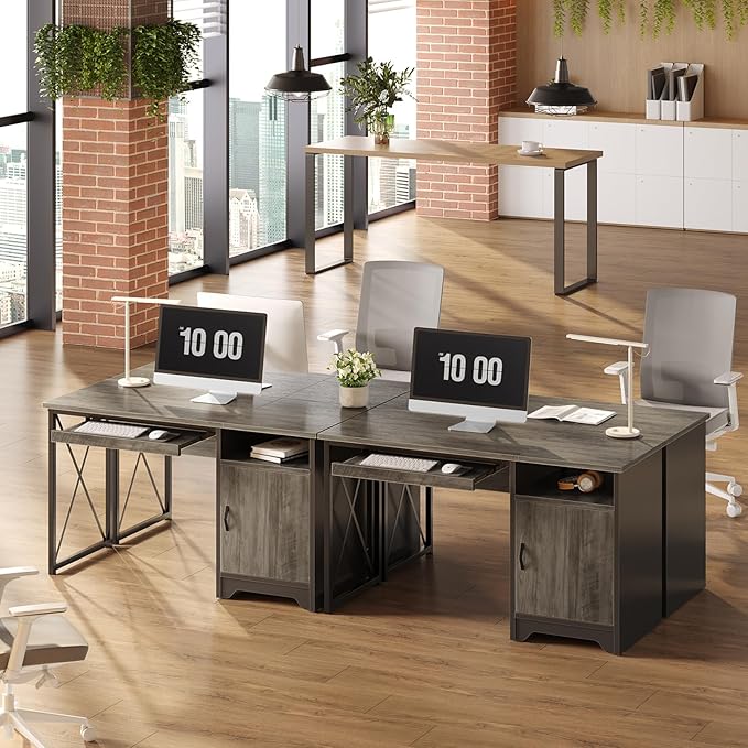 Bestier Office Desk with Keyboard Tray, Industrial Computer Desk with Storage, Reversible Executive Desk with File Cabinet for Home Office Bedroom, 47 inch Grey