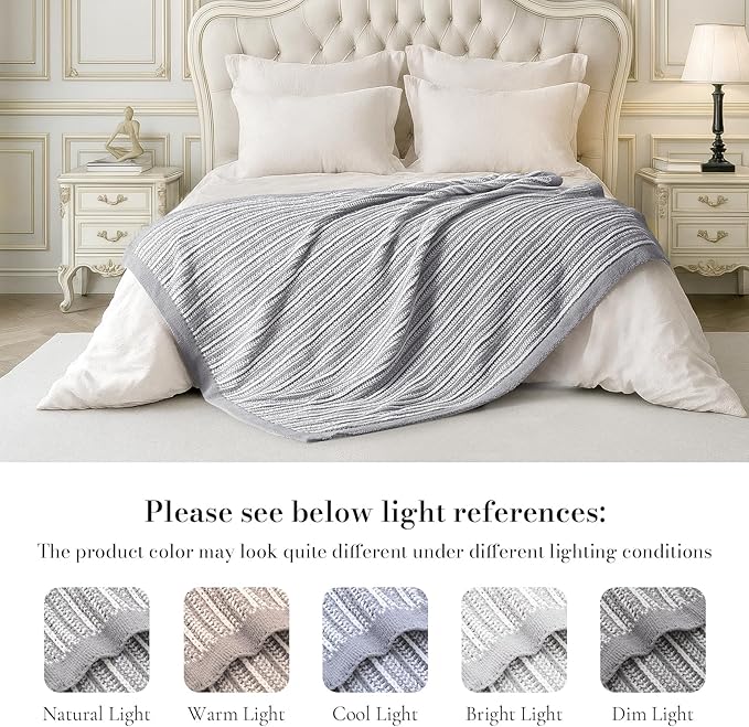 Amélie Home Striped Knit Throw Blanket for Couch, Dual-Sided Soft Chenille Decorative Blankets for Sofa & Chair, 50"x60", Gray & White