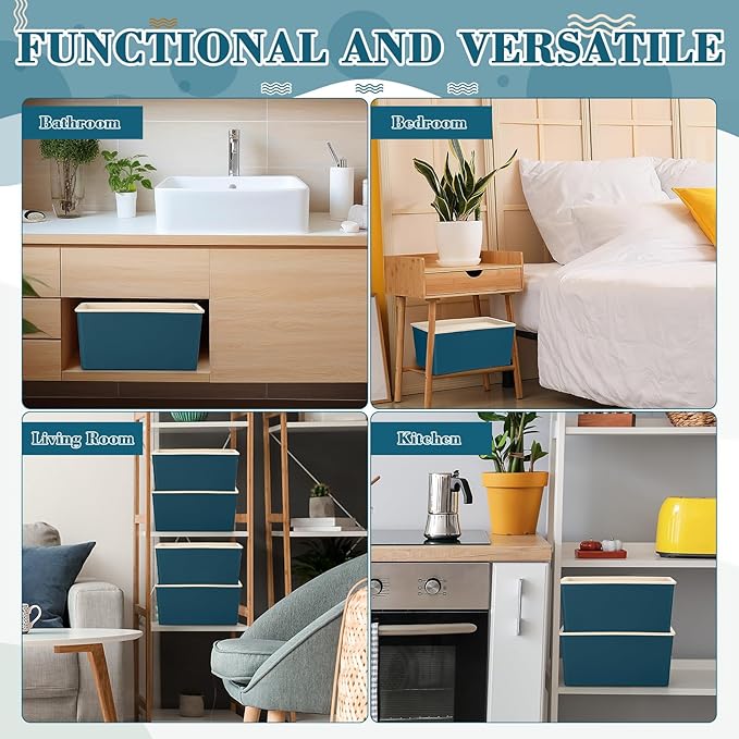 Menkxi 4 Pcs Storage Bins with Lids Plastic Containers Stackable Storage Box Baskets for Organizing Shelves(Blue,Large)