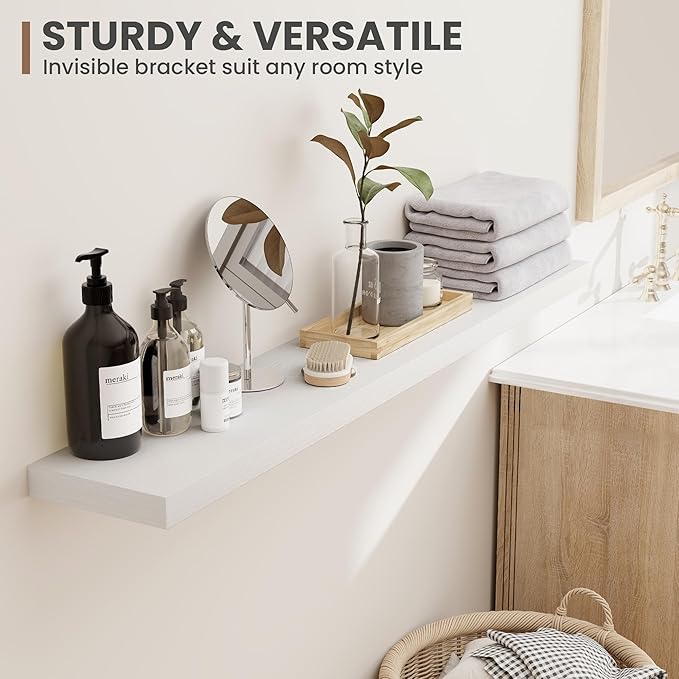 24 Inch Floating Shelves, 8 Inch Deep Floating Shelves for Wall, Hanging Shelf with Invisible Brackets, Deep Shelves for Bathroom, Bedroom, Living Room, White, Set of 2