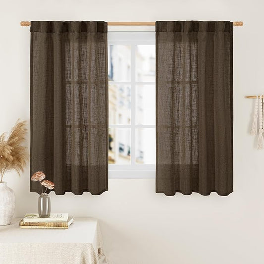 LAMIT Linen Curtains 48 Inch Length 2 Panels, Light Filtering Panels Back Tab and Rod Pocket Neutral Drapes for Kitchen/Window/Loft Room/Bedroom, 34 x 48 Inch, Dark Brown