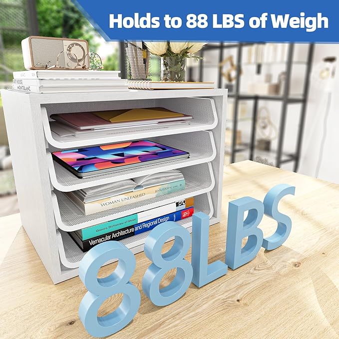 Simple Trending Desk File Organizers, 4-Tier Letter Tray Paper Organizer with File Holder, Wooden Paper Sorter for Office Supplies, White