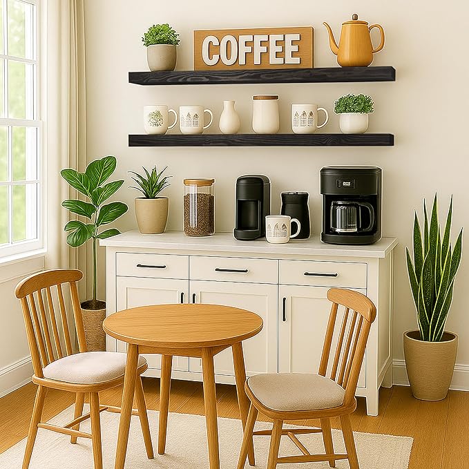 Rusitc Floating Shelves 48 inch Long 8 "deep Set of 2, Heavy Duty Wood Wall Mounted Shelves for Bathroom Living Room Kitchen,Book Shelves with Thickened Hidden Bracket-Black