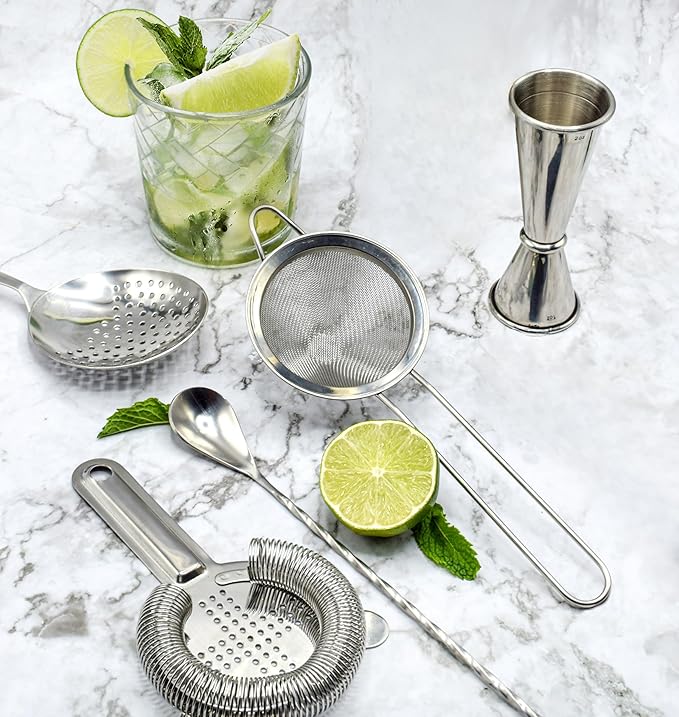 Cocktail Strainer Set Stainless Steel Bar Tools with Stirring Spoon - Hawthorne, Julep, Fine-Mesh and Jigger for Drinks