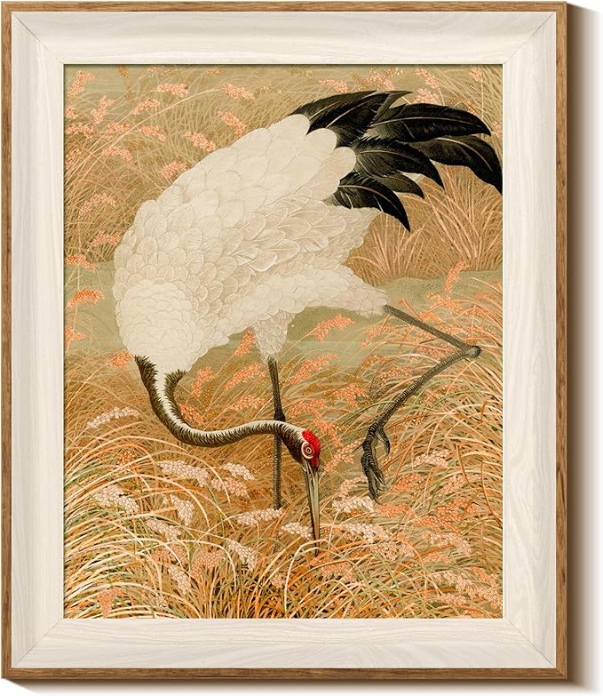 InSimSea Framed Wall Art Crane Print Shelf Decor Classic Vintage Japandi Animal Wall Picture Canvas Artwork for Nursery Bathroom Bedroom Kids Room Decor 12L x 10W