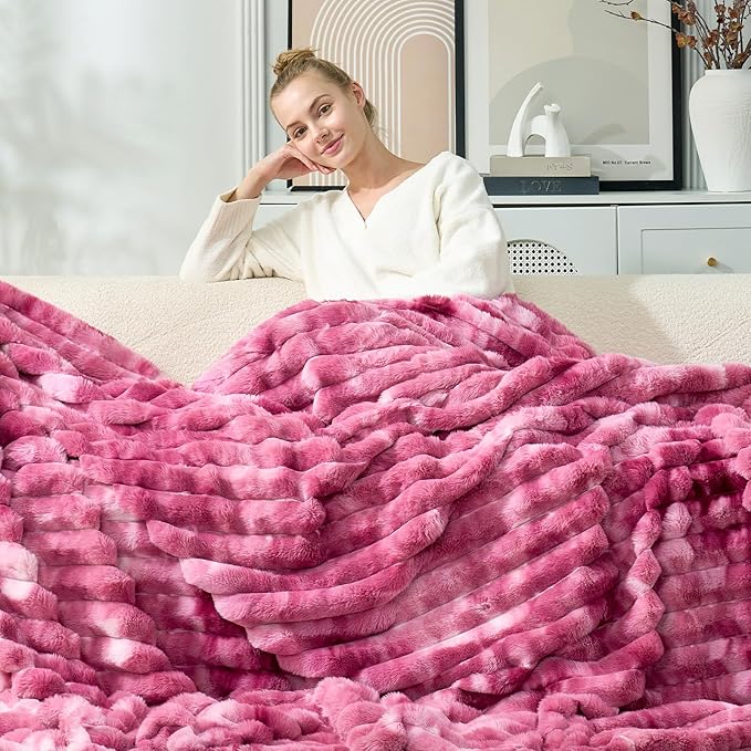 Cozy Bliss Faux Fur Throw Blanket for Couch, Cozy Warm Plush Striped Blanket for Sofa Bedroom Living Room, 108 * 90 Inches Tie-dye Pink