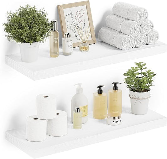 Vivelove Floating Shelves for Wall 24 inchs Long, 9.1” deep x 1.6” Wall Shelf for Bedroom, Bathroom, Living Room, Kitchen, Office Home Decor, Deep Wood Shelves with Invisible Brackets, Set of 2 White