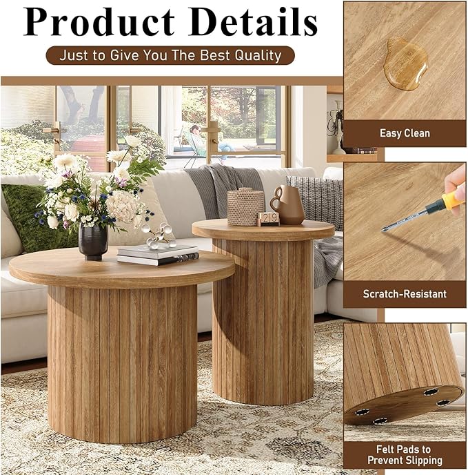 Nesting Coffee Table Set of 2, Mid Century Modern Round Coffee Table, Wood Slat Side Table Set for Living Room, Office, Balcony (Natural Oak)