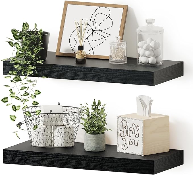 Vivelove Black Floating Shelves for Wall, 16 inchs x 6.7” deep x 1.4” Wall Shelf for Bathroom Bedroom, Living Room, Kitchen, Office Home Decor, Narrow Wood Shelves with Invisible Brackets Set of 2