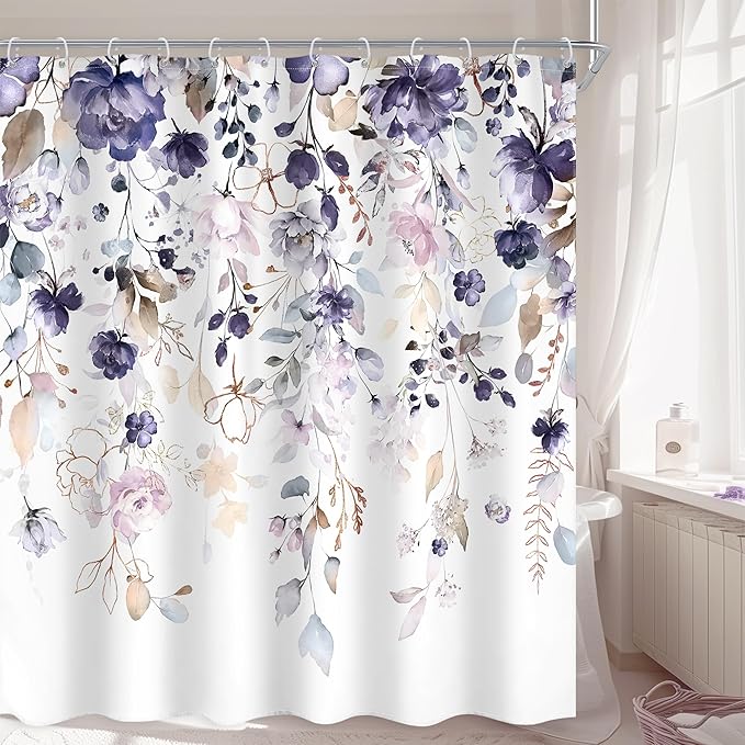 Floral Flower Shower Curtain 72Wx78H Inch Purple Pink Leaf Rustic Girly Boho Watercolor Wildflower Eucalyptus Botanical Plant Bathroom Set Spring Bath Curtain Bathtub Accessories Home Decor