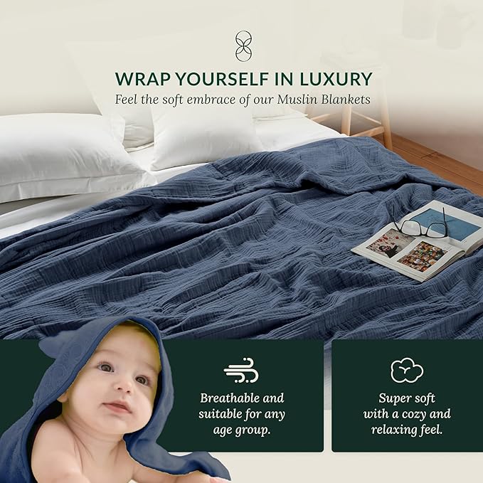 Cloud Scape Linen Extra Large 4 Layer Muslin Throw Blanket - 100% Cotton Gauze, Lightweight & Breathable All Season, Pre-Washed, for Couch & Bed, 50x70, Ensign Blue