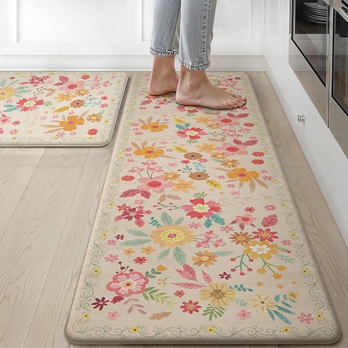 GENIMO Kitchen Mats for Floor 2PCS, Cushioned Kitchen Rugs Non Slip Washable, Farmhouse Anti Fatigue Mat Waterproof, Comfort Standing Mat Rug for Office, Home, Laundry, 17.3"x59"+17.3"x30", Beige