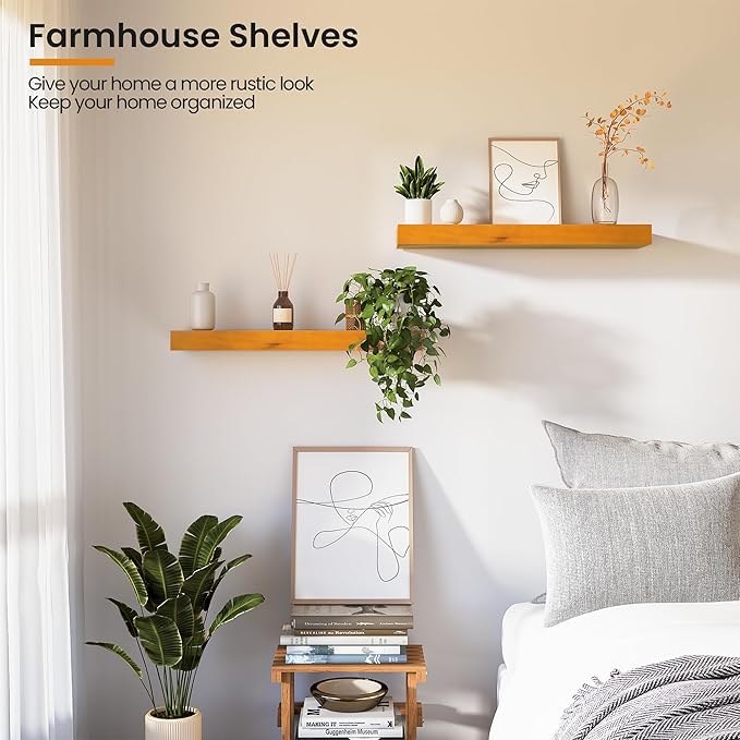 Pine Floating Wall Shelves Set of 2, 16 Inches Long x 8”x 1.4” Shelf Floating Rustic Farmhouse Decor, Heavy Duty Shelf, Wall Shelves for Bathroom Living Room Kitchen Bedroom Office, Honey Oak