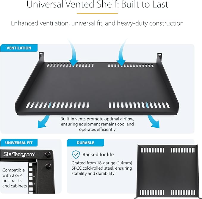 StarTech.com 1U Vented Server Rack Shelf, 16in (40cm) Mounting Depth, Cantilever Tray, Heavy-Duty Steel, 30lb/14kg Capacity