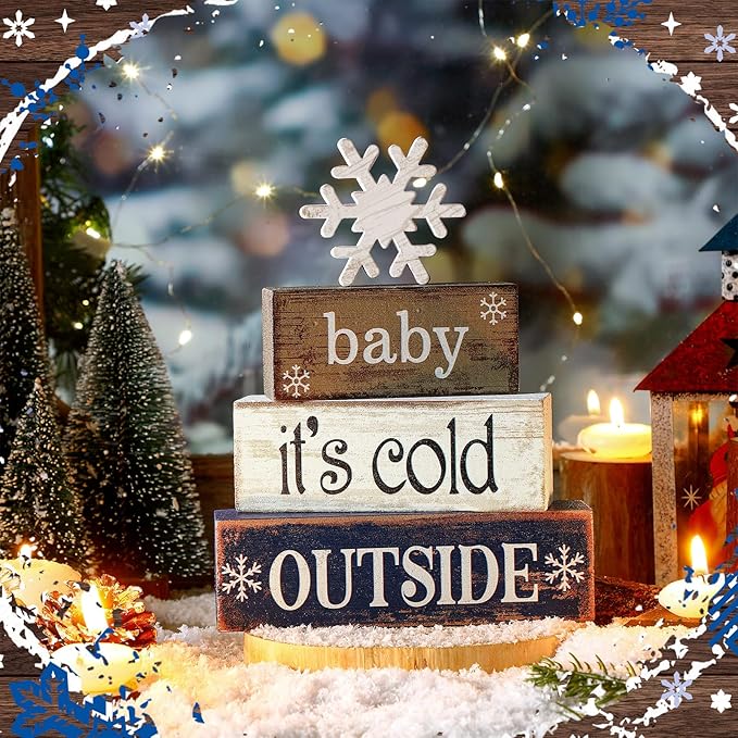 4 Pcs Winter Wooden Tabletop Decor Snowflake Tiered Tray Decor Winter Centerpiece Rustic Snow Block Signs Farmhouse Table Shelf Decoration for Home Office Party