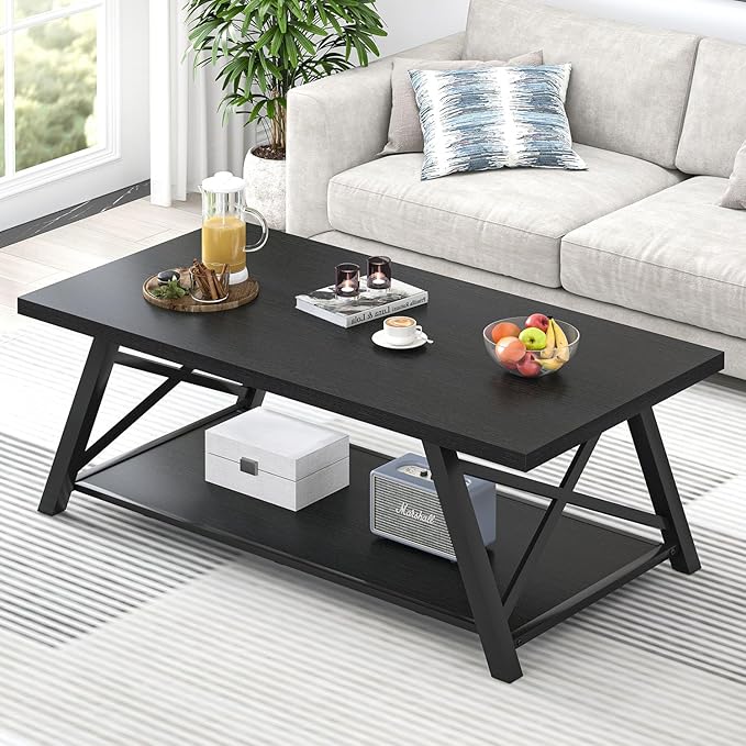 EXCEFUR Black Coffee Table, Modern Wood and Metal Center Table with Storage Shelf, Industrial Rectangle Cocktail Tea Table for Living Room, 47 Inch