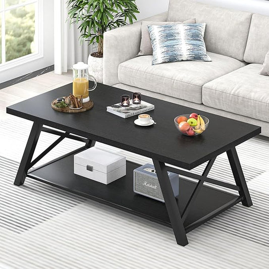 EXCEFUR Black Coffee Table, Modern Wood and Metal Center Table with Storage Shelf, Industrial Rectangle Cocktail Tea Table for Living Room, 47 Inch