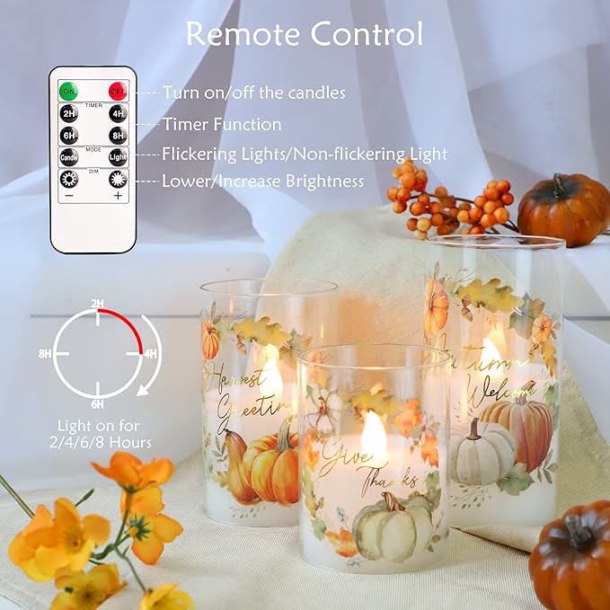 Fall Flameless LED Candles with Remote Timer Set of 3 Warm Lights DIM Home Decor Battery Operated Pumpkin Maple Leaves Painting Harvest Ornament Autumn Thanksgiving