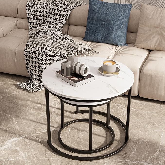 aboxoo Round Nesting Coffee Table Side Table Set of 2 End Tables for Living Room Bedroom Balcony, White Faux Marble Wooden Table Accent Coffee Table with Black Steel Frame
