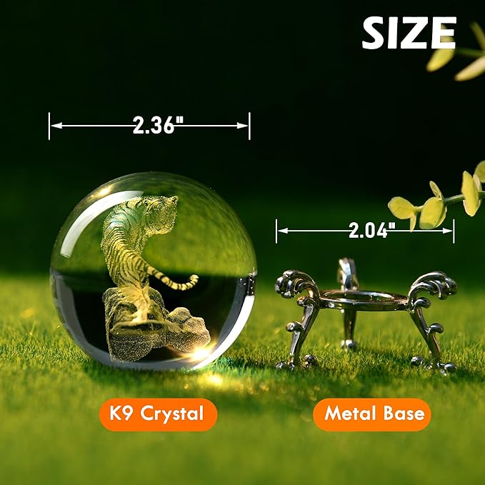 IFOLAINA 3D Tiger Crystal Ball Tiger Figurines in Crystal Ball 60mm Decor White Tiger Collectibles Decorative Globes Gift Glass Sphere Home Decor with Stand, Clear