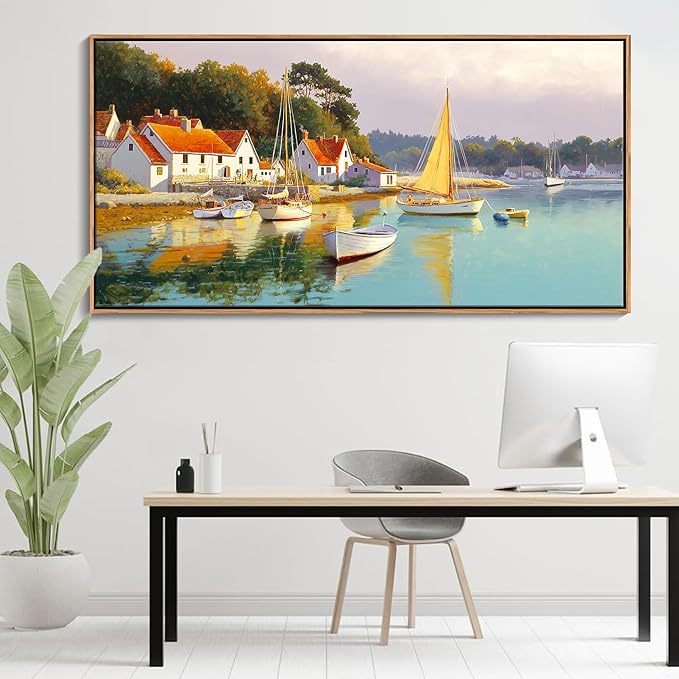 AJAZIKO Coastal Wall Art - Rustic Ocean & boat Canvas Art for Living Room & Bedroom Decor - Framed Landscape Artwork for Walls - Italian Farmhouse & Country Wall Decor Print Pictures29x58IN