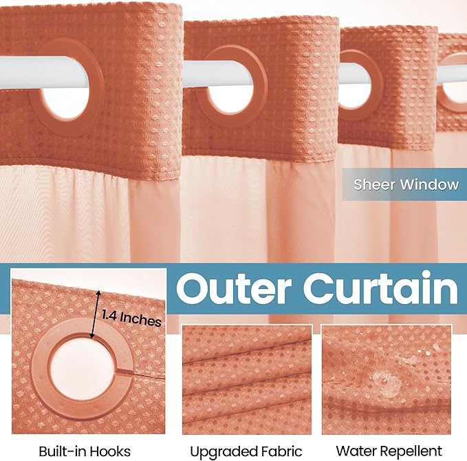 Coral Hotel Shower Curtain with Detachable Liner - 230GSM Waffle Textured,Hotel Grade,Spa Like Bath Curtain,71W x 74H