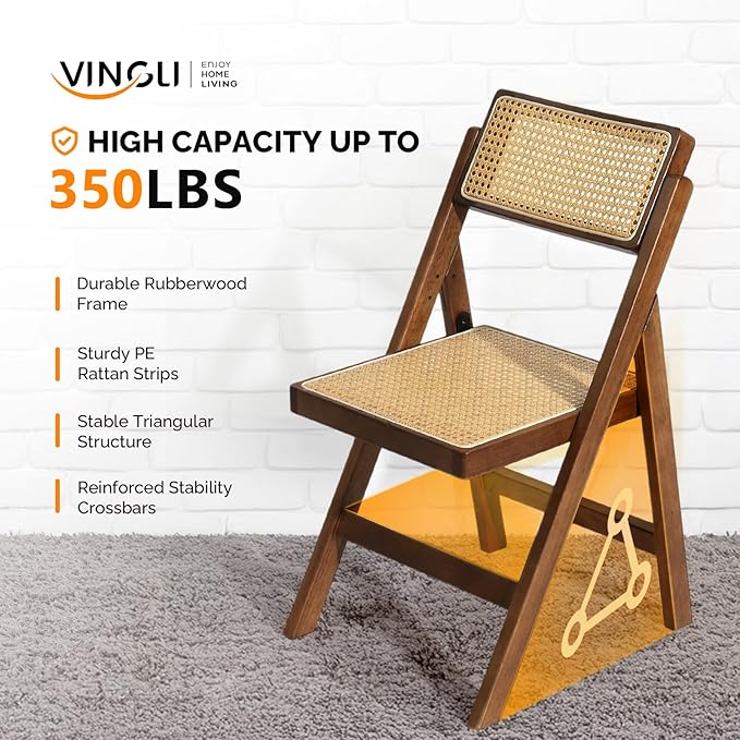 VINGLI 2 Pack Rattan Wooden Folding Chair, Dining Folding Chair with 360° Swivel Backrest, Sturdy Rubberwood Frame and Rattan Woven Seat and Back, Walnut, Set of 2