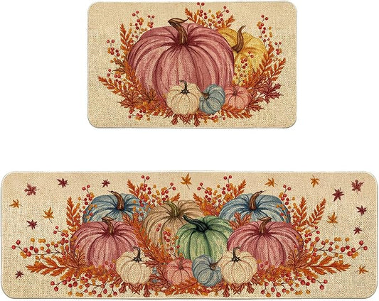 VAKADO Fall Kitchen Pumpkin Rugs Mat Set of 2, Home for Decor Door Front Floor Decorations Leaf Stain Halloween Thanksgiving Fade Resistant Non-Slip Rubber Backing Rug (17x29 Inch,17x47 Inch)