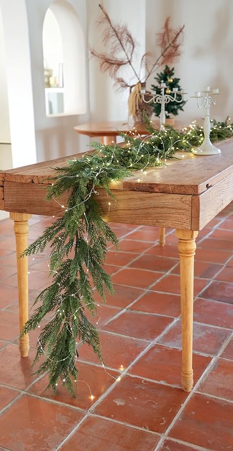 6ft Handmade Christmas Garland,Cedar Artificial Greenery with LED String Lights,Seasonal Garland for Fireplace Indoor Outdoor Winter Holiday Decoration