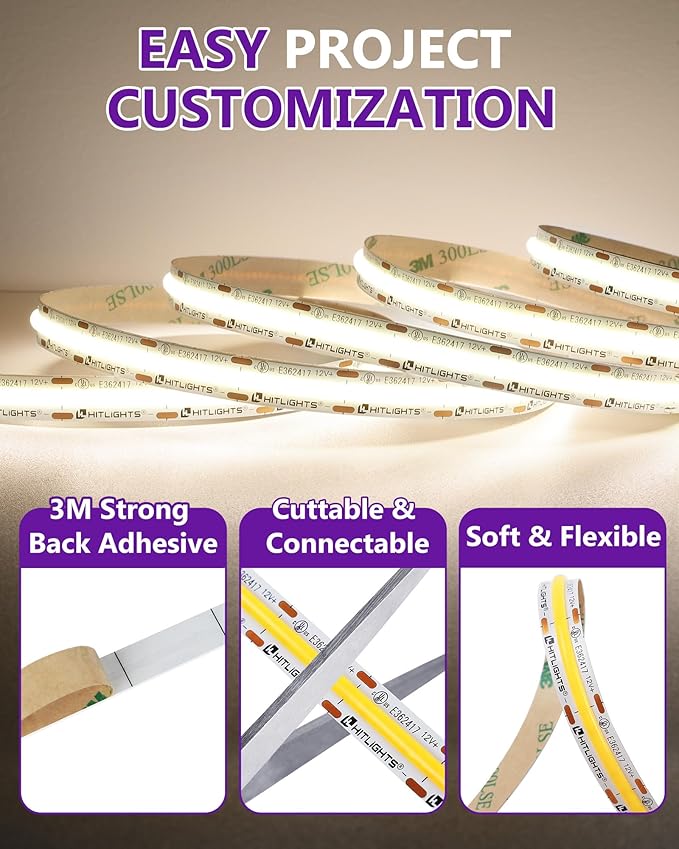 HitLights White COB LED Strip Lights 4000K, 12V Tape Light 16.4ft, 2640 LEDs, 426 lm/ft, CRI 90+, IP30, Premium High Density Lighting for Kitchen, Cabinets, Room, UL Listed(Power Source Not Included)