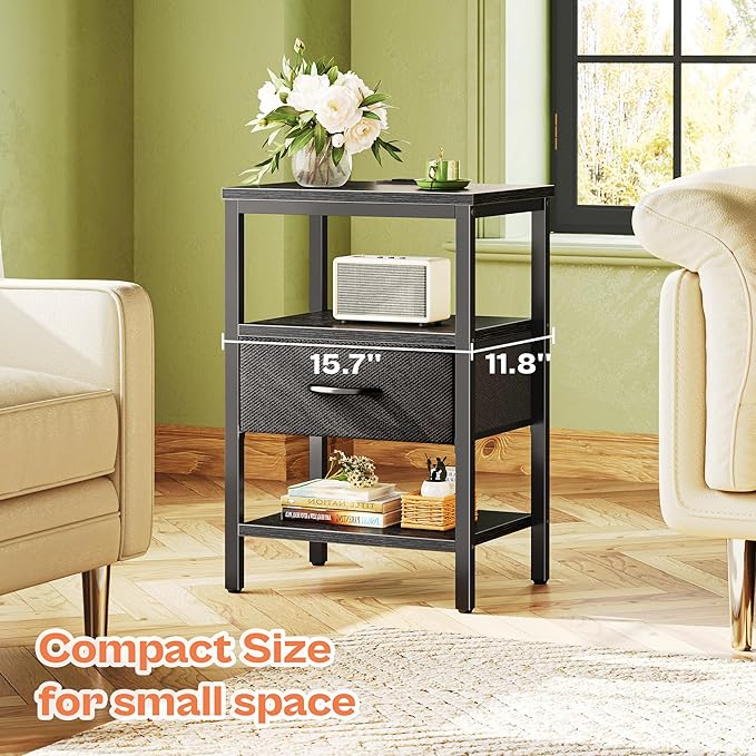 SUPERJARE Nightstand Set of 2, Bed Side Tables with Charging Station, Adjustable Fabric Drawer, Night Stand for Bedroom, 3-Tier Storage End Tables, Black, 8030BC