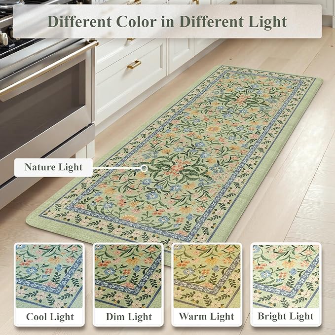 Collive Green Kitchen Mats for Floor, Cushioned Anti Fatigue Mat Non Skid Waterproof Kitchen Rugs Set of 2, Beige Vintage Comfort Standing Desk Rug for Office, Sink, Laundry, 17"x30"+17"x59"