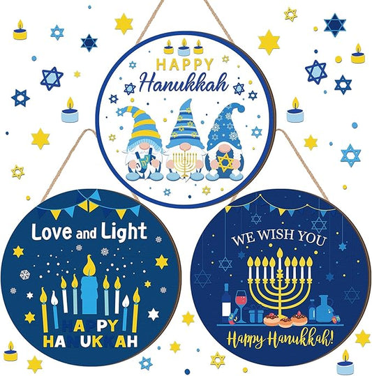 3 Pcs Hanukkah Front Door Sign Round Hanukkah Hanging Ornaments Hanging Wooden Plaque Decoration Chanukah Party Wall Sign Hanger for Farmhouse Home Livingroom Birthday Party Supplies
