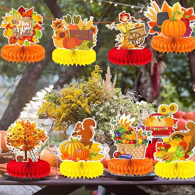 9Pcs Fall Centerpiece Table Decorations Fall Party Decorations Thanksgiving Table Centerpiece Turkey Centerpiece Pumpkin Honeycomb for Thanksgiving Table Decoration Autumn Birthday Party Supplies