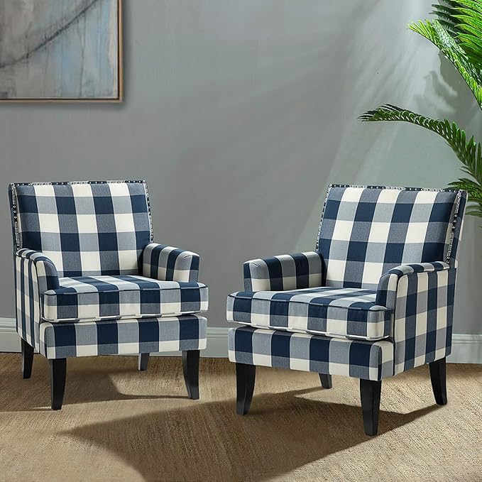 HULALA HOME Modern Accent Chairs Set of 2, Farmhouse High Back Buffalo Plaid Chairs with Wooden Legs & Nail Head Trim, Comfy Upholstered Armchairs for Living Room/Bedroom (Buffalo Navy)